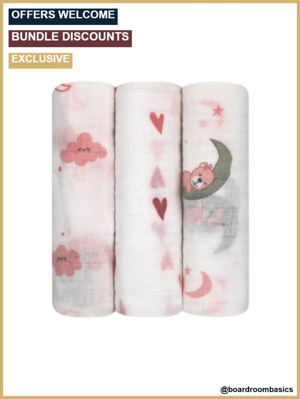 100% Muslin Cotton Receiving Cloths 3-Pack 27x27 in Newborn Soft Gentle